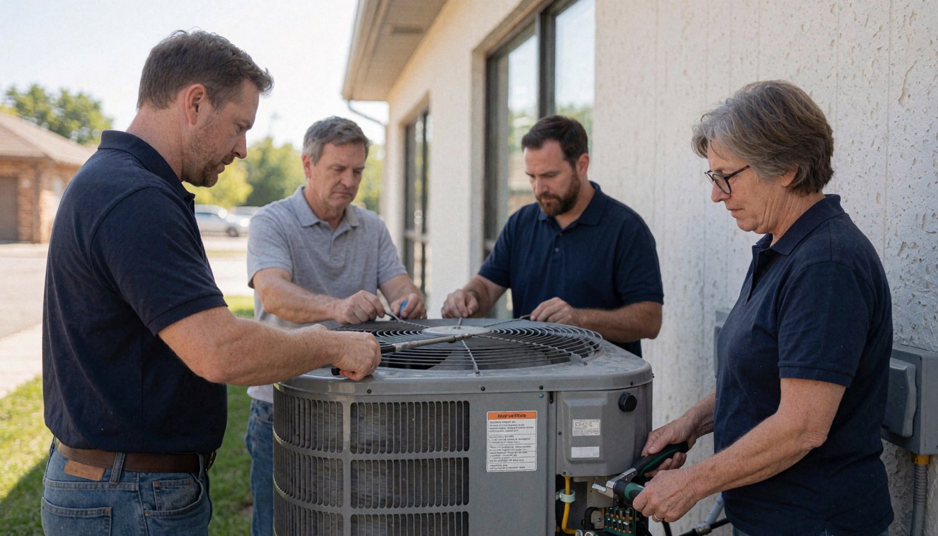 Four technicians working on an exterior air conditioning unit mounted on a commercial building wall under bright sunlight.