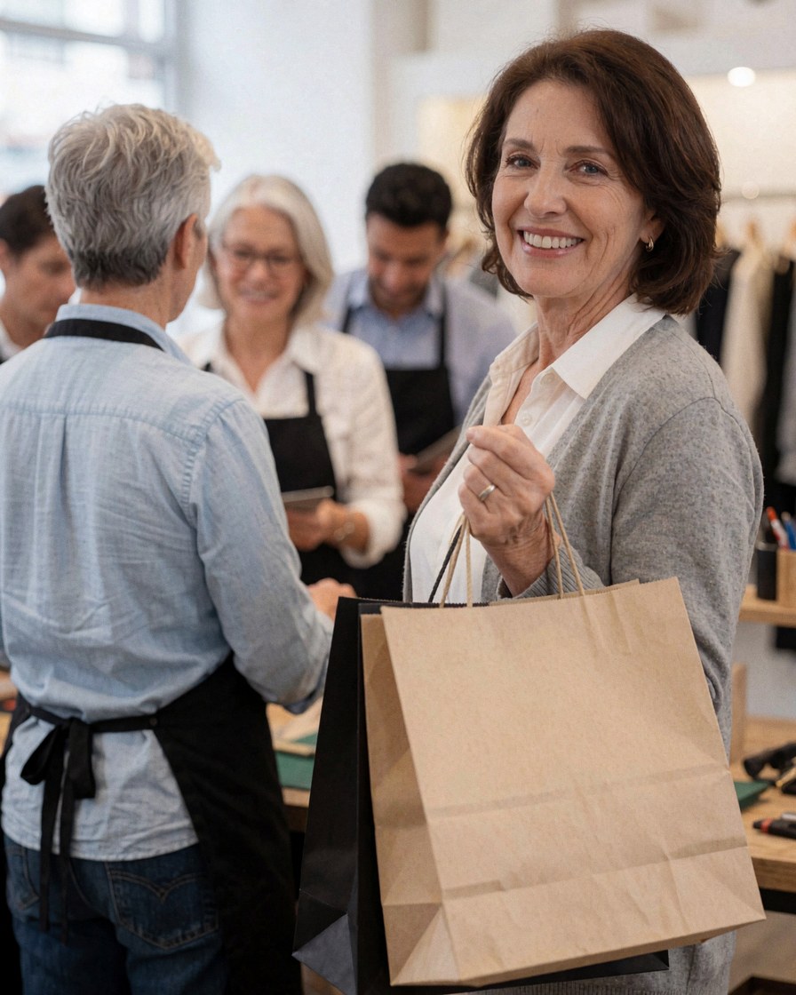 Happy woman with shopping bag in clothing store while sales staff assist in background