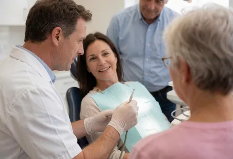 A dentist wearing gloves explains a dental procedure to a seated patient under bright surgical lighting while another patient waits nearby.