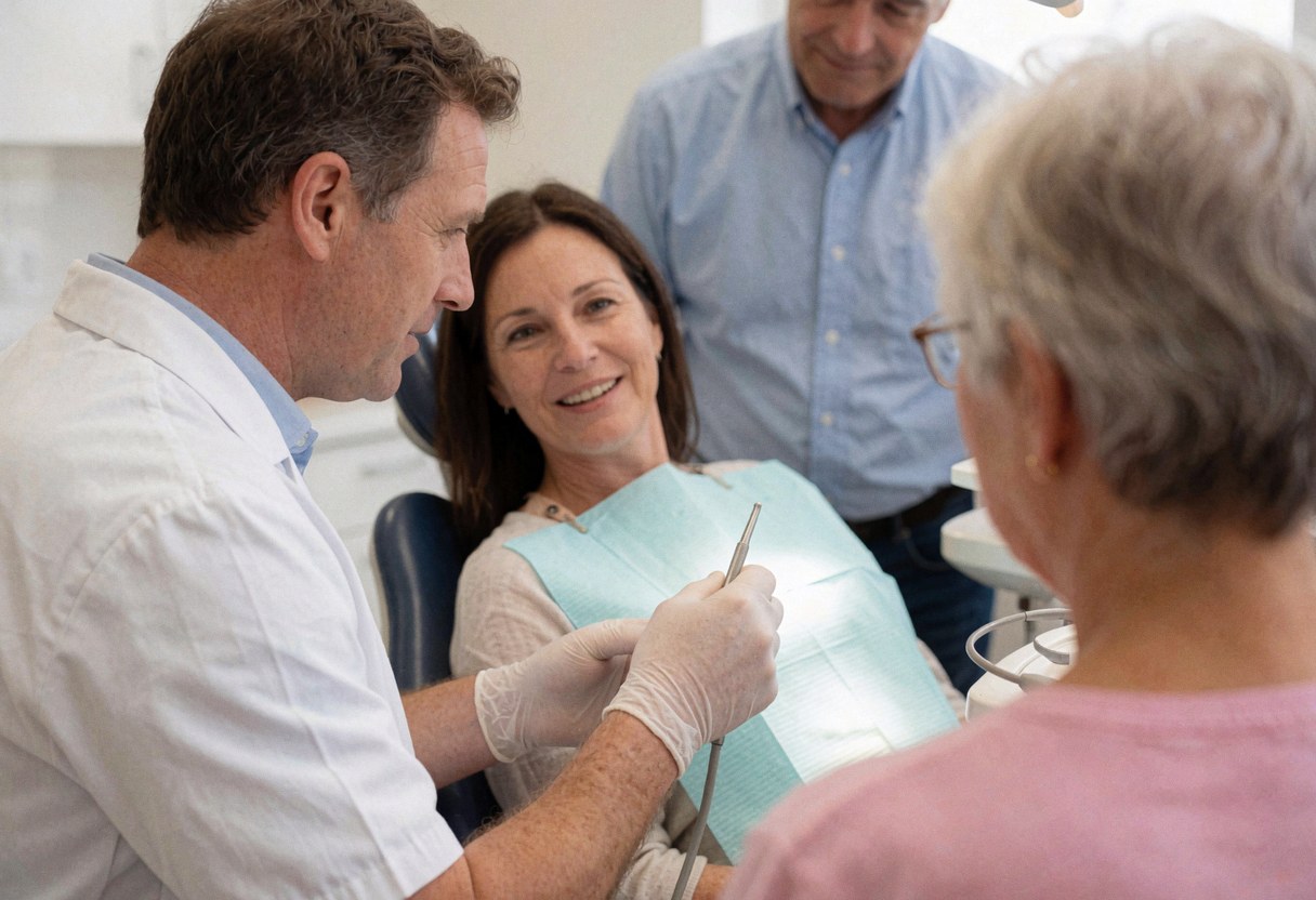 A dentist wearing gloves explains a dental procedure to a seated patient under bright surgical lighting while another patient waits nearby.