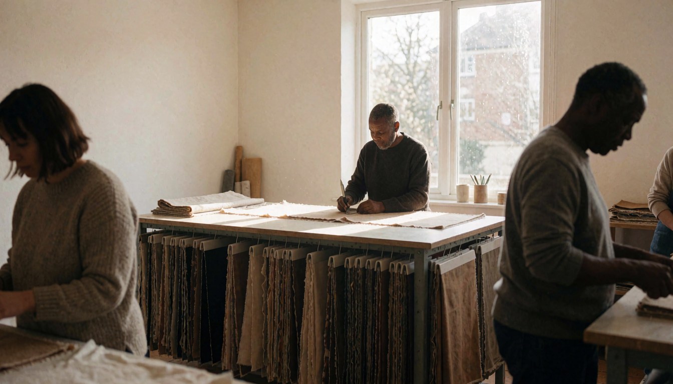 A man works on upholstery fabric in a workshop with hanging samples, natural light from a window, white walls, and wooden furniture.