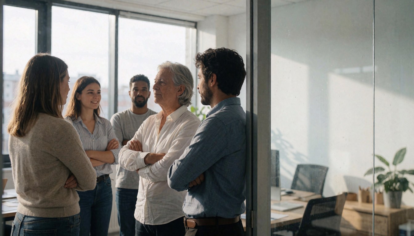 Four business professionals standing with arms crossed in a modern office near large windows with natural light and copy space.