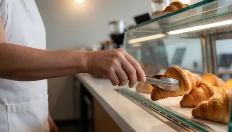 A barista uses tongs to place a golden croissant into a glass display case inside a bright cafe.