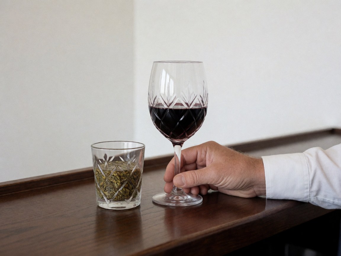 Close-up of a hand holding a wine glass beside a tumbler with herbs on a polished wooden bar top against a white wall, suitable for premium golf club hospitality.