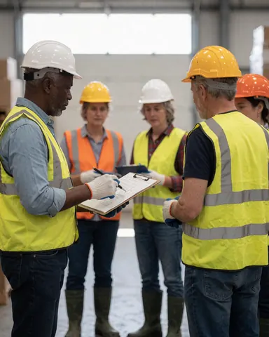 Team of workers wearing hard hats and reflective vests inspecting plans in an industrial storage facility.