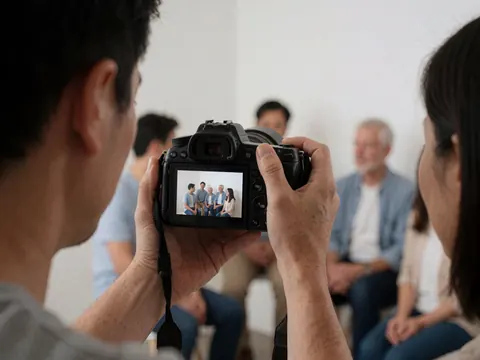 Photographer reviewing image on dslr camera in room with group seated, white walls and natural light