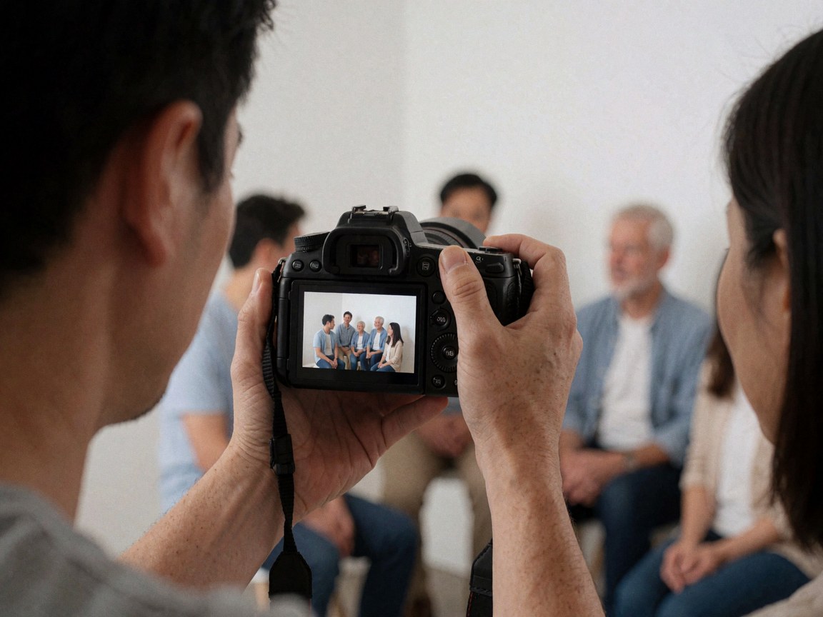 Photographer reviewing image on dslr camera in room with group seated, white walls and natural light