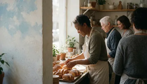 a bakery interior featuring a woman placing a cake on a tray, surrounded by potted plants and painted walls.