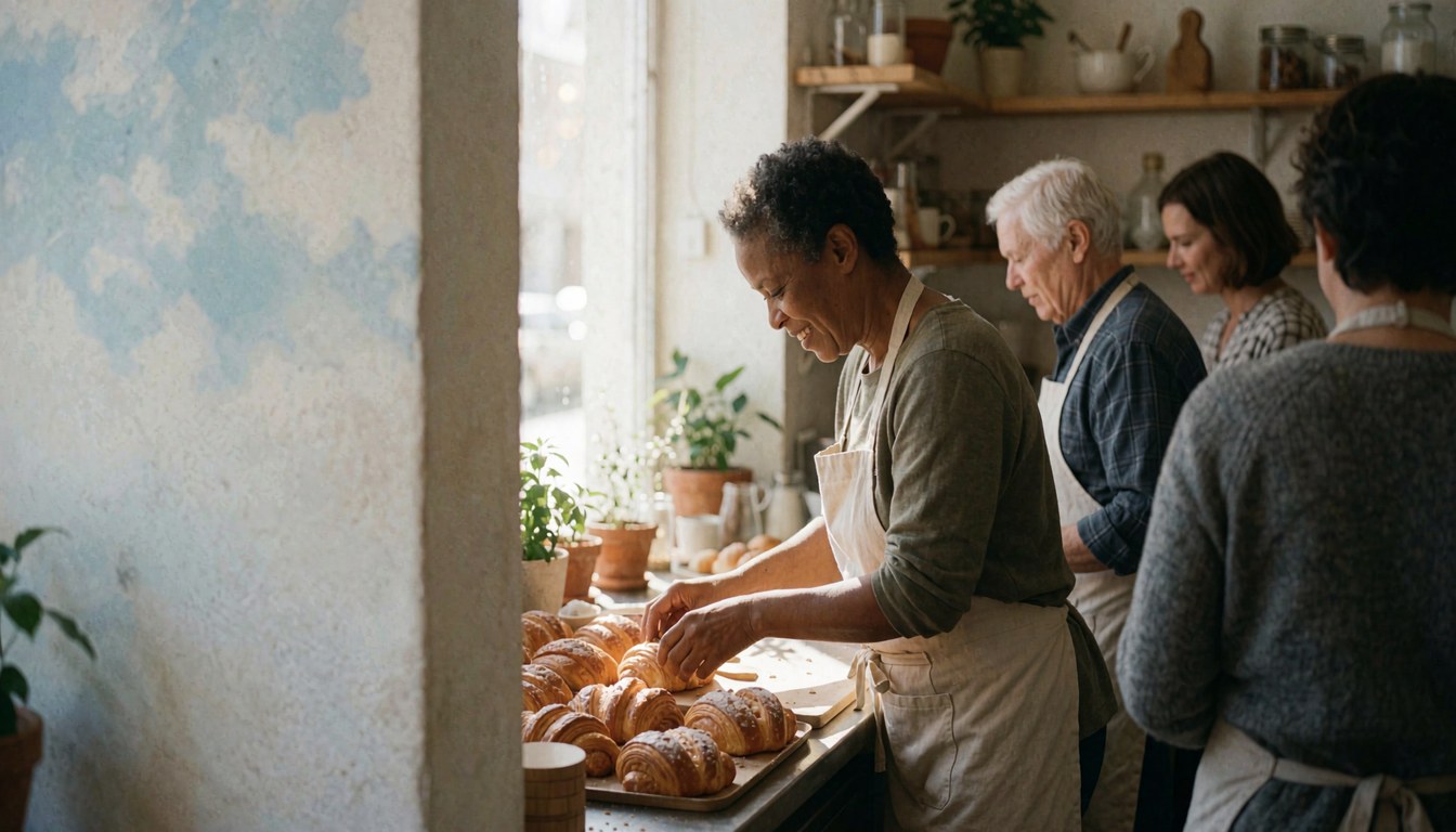 a bakery interior featuring a woman placing a cake on a tray, surrounded by potted plants and painted walls.