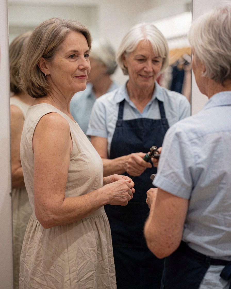 A smiling woman tries on a dress while a sales associate adjusts it with a tool in a clothing store.