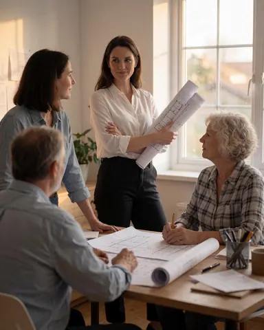 Professional architect discussing project plans with clients in a bright office setting.
