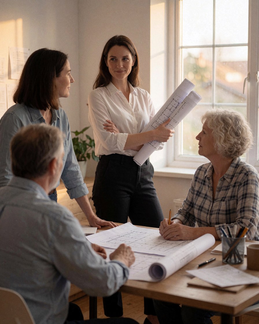 Professional architect discussing project plans with clients in a bright office setting.