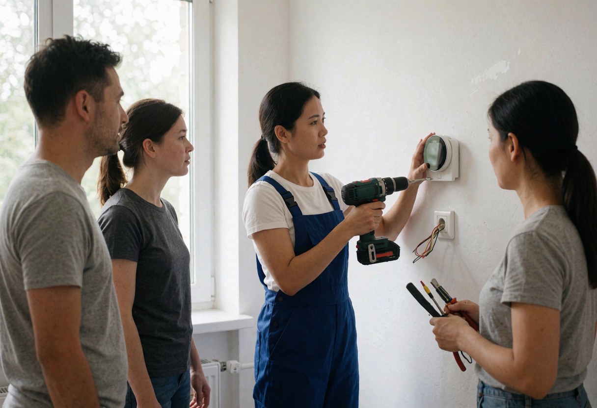 Technician in overalls installs a thermostat on a white wall using power tools while clients observe the service.