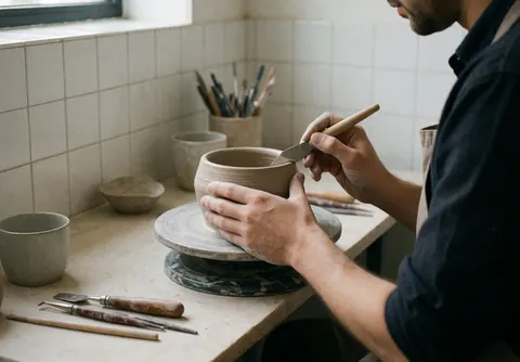 Close-up of hands using a rib tool to smooth the surface of a clay pot during a pottery workshop session