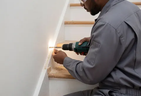 Technician in gray uniform using electric drill to fix wooden stairs with sawdust on white wall background during repair service