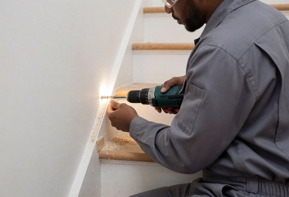 Technician in gray uniform using electric drill to fix wooden stairs with sawdust on white wall background during repair service