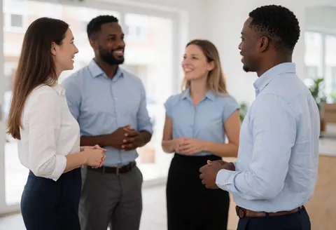 Four business professionals stand together in a modern office with large windows and natural light, engaging in a collaborative discussion.