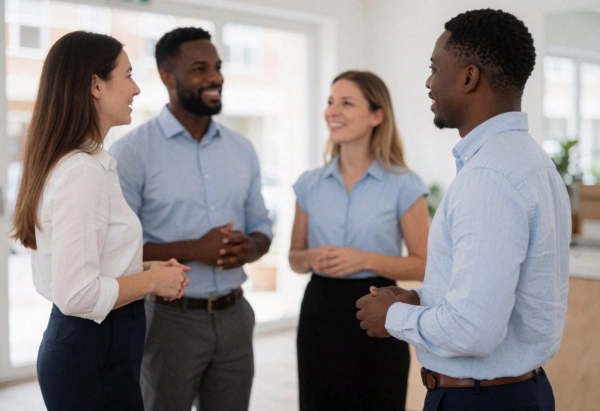 Four business professionals stand together in a modern office with large windows and natural light, engaging in a collaborative discussion.