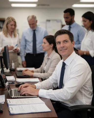 A professional man working on a laptop in an office setting with colleagues and documents nearby