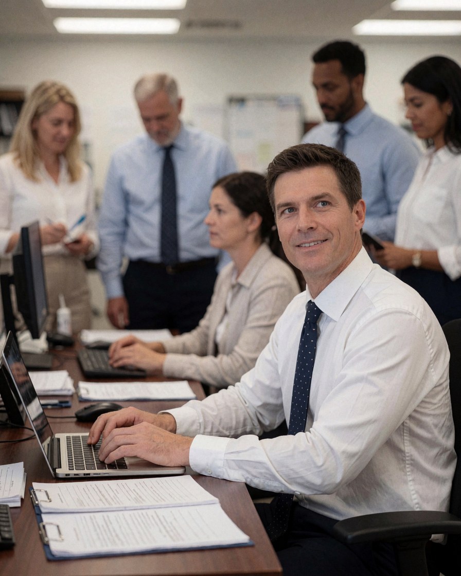 A professional man working on a laptop in an office setting with colleagues and documents nearby