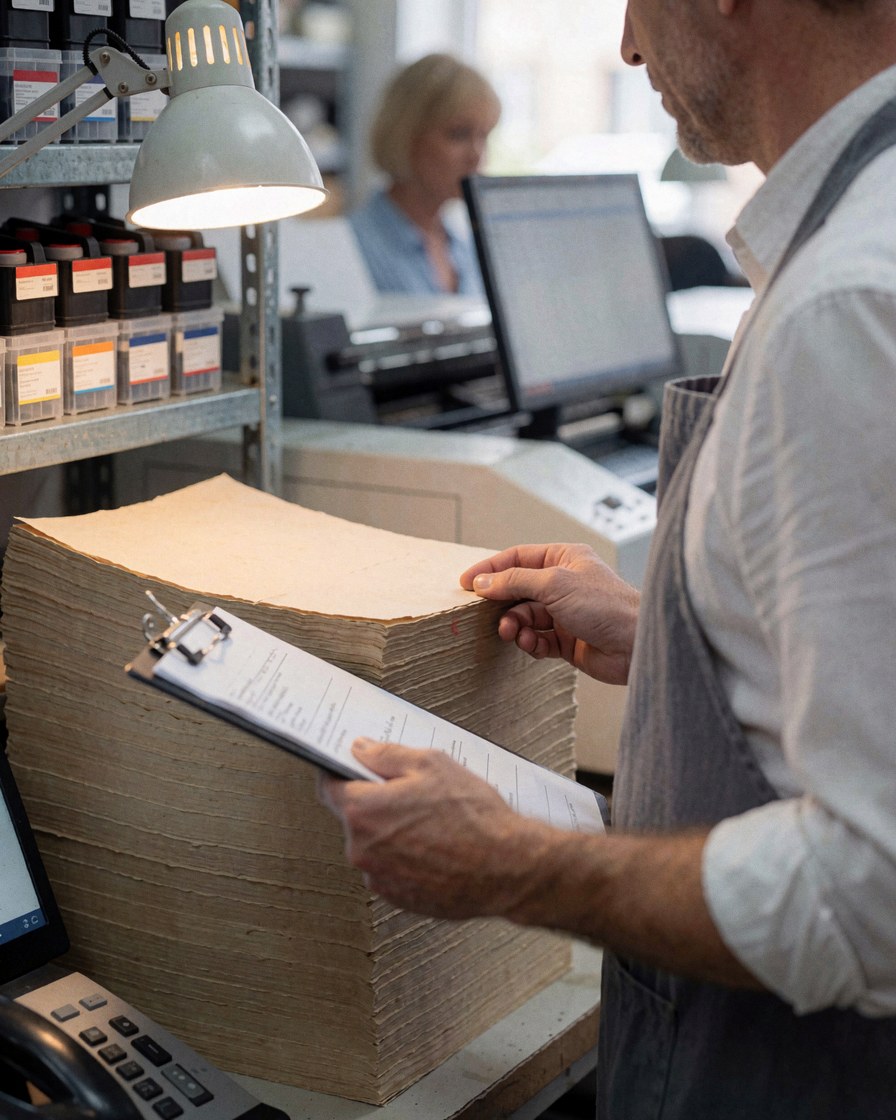 A man in an apron inspects a stack of paper rolls in a graphic printing facility with warm lighting and ink cartridge shelves.
