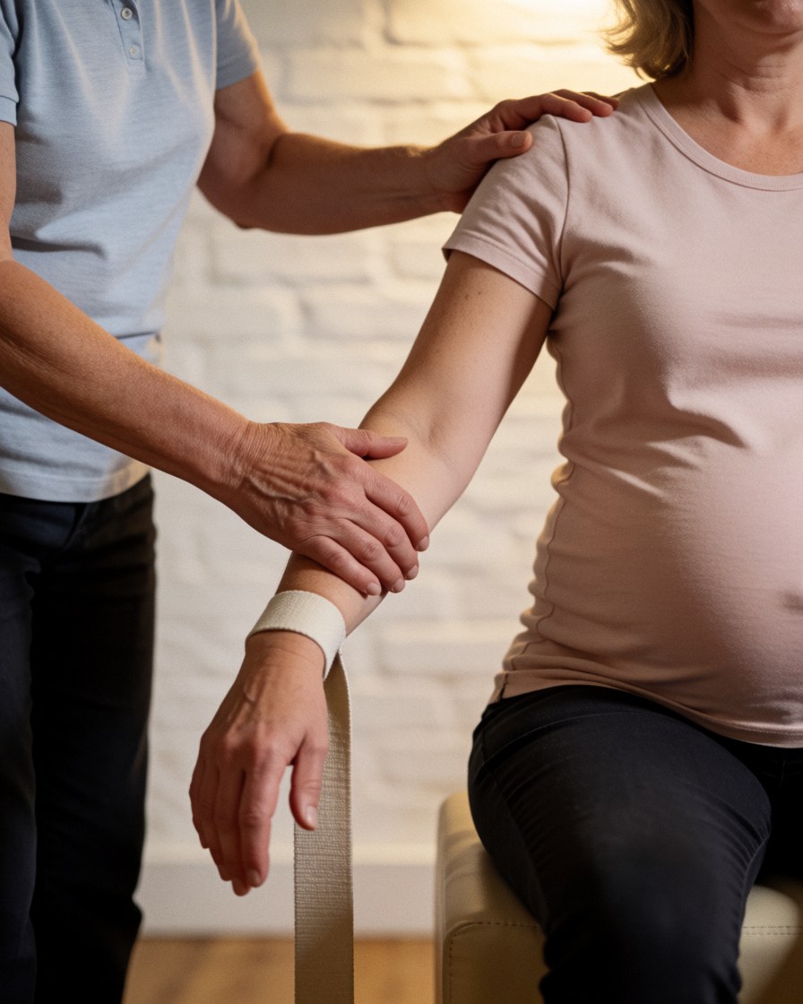 Yoga instructor gently assists a pregnant woman with a stretching strap against a white brick wall, hands providing support