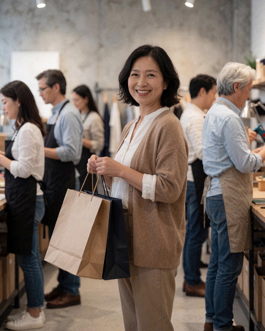 A smiling customer holds multiple shopping bags while standing inside a clothing store with concrete walls and staff attending to other shoppers.