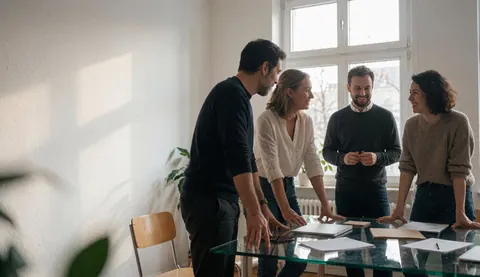 Four business professionals working together at a glass table in a bright modern office space with large windows and natural lighting.