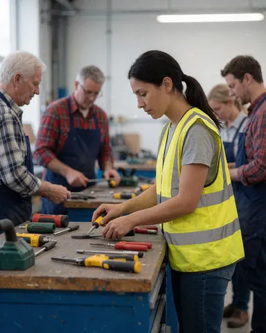 A woman wearing a high-visibility vest works with tools on a bench under industrial lighting in a workshop setting.