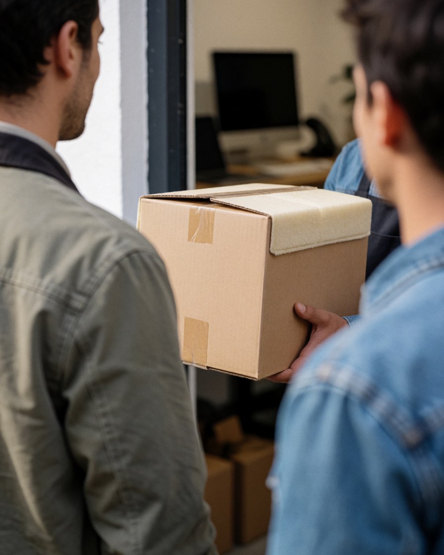 An employee hands an insulated box to a client in an office with a computer visible in the background