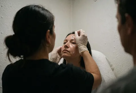 Therapist wearing gloves applies facial product to a client in a salon with white walls and soft lighting
