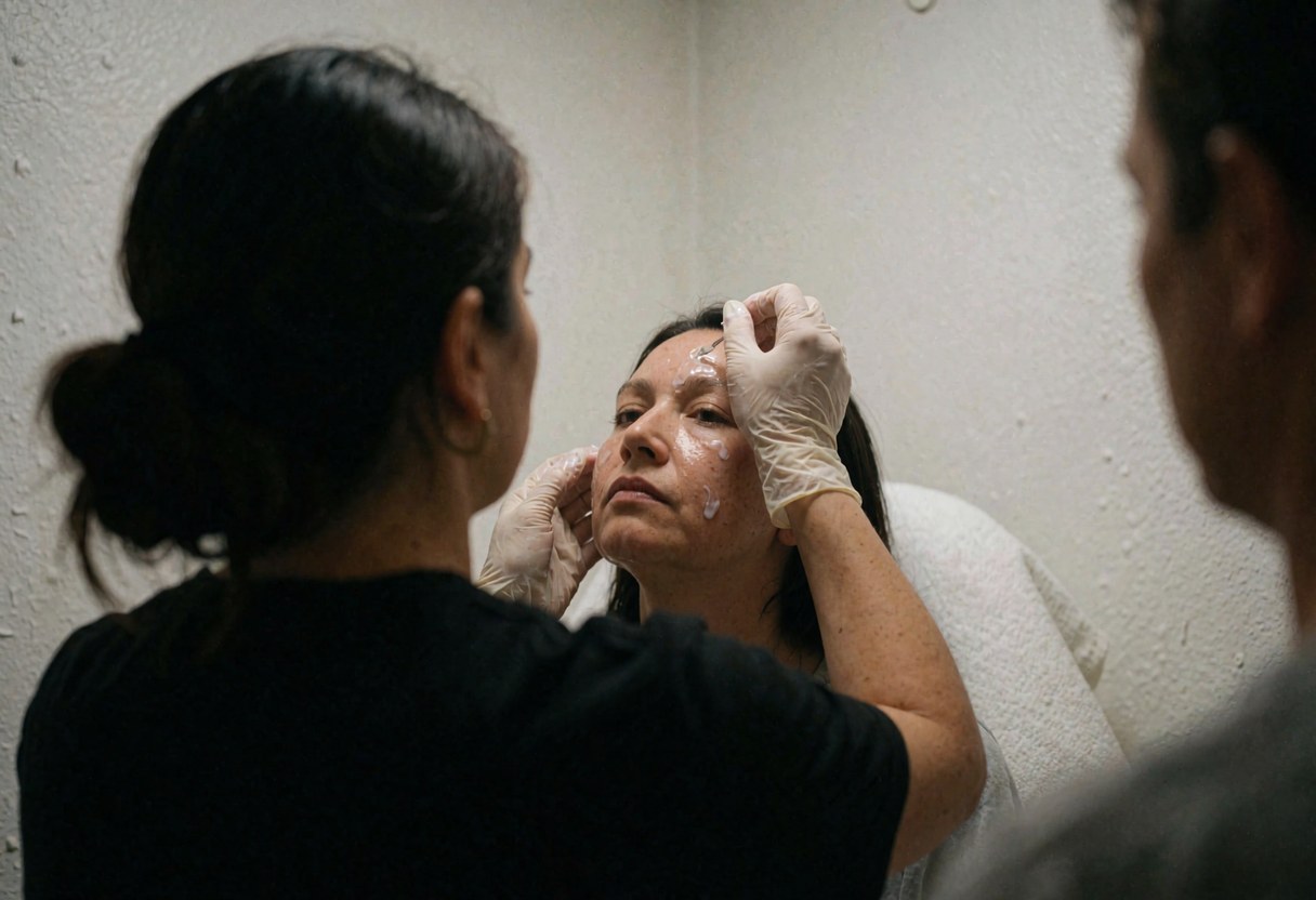 Therapist wearing gloves applies facial product to a client in a salon with white walls and soft lighting