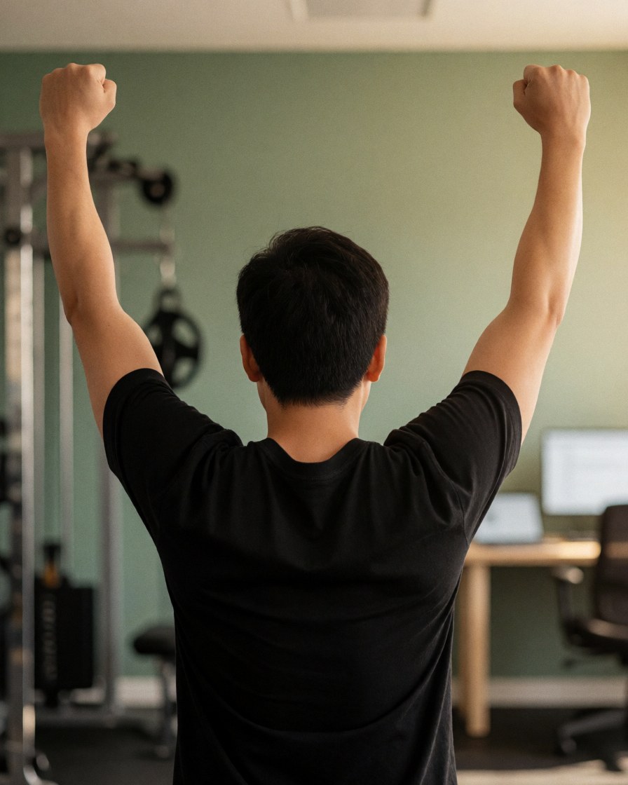 Back view of a person raising arms in celebration inside a fitness center with green walls and visible workout equipment.