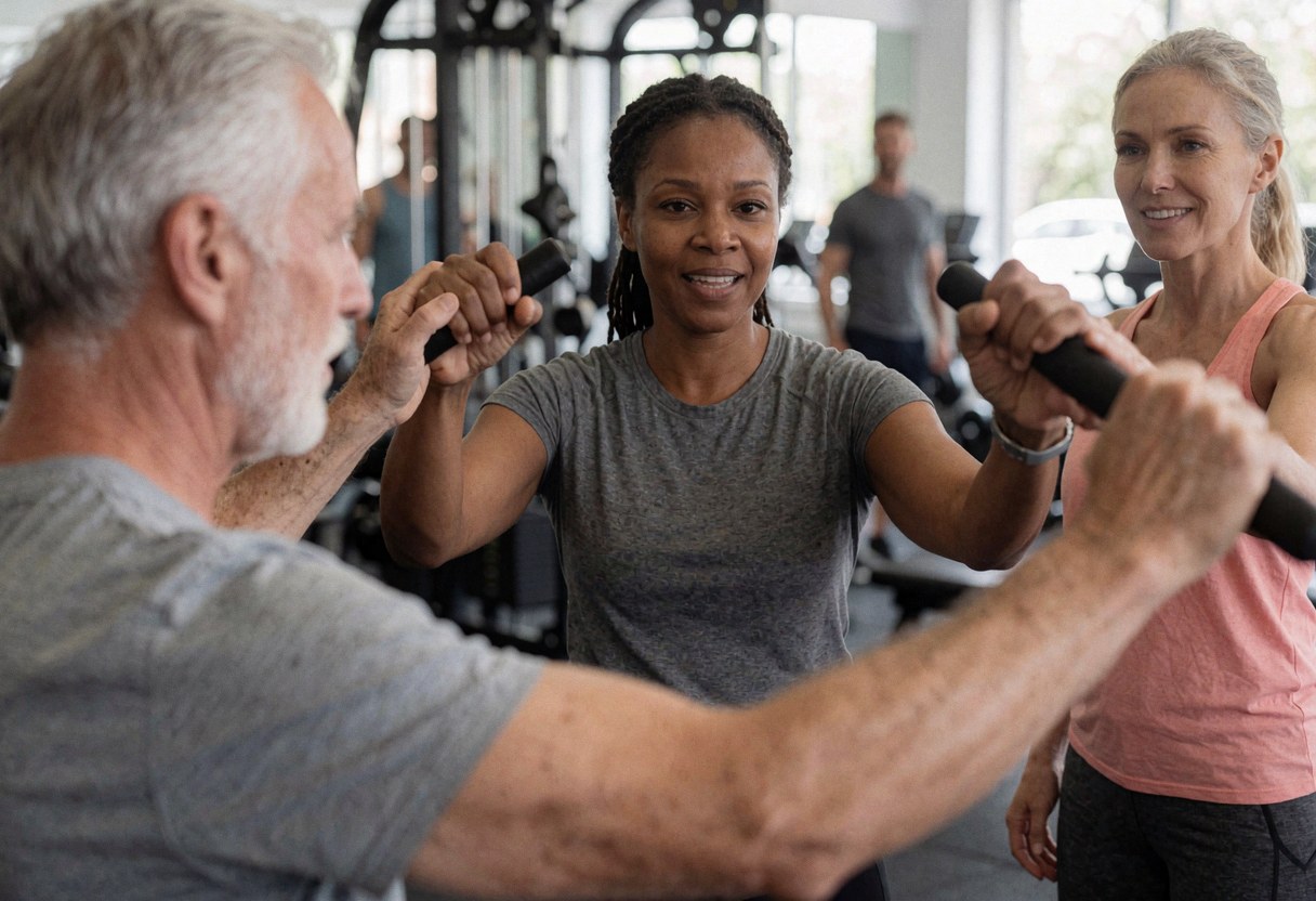 Fitness trainer guiding a client through an exercise routine using dumbbells in a gym with natural light and visible equipment