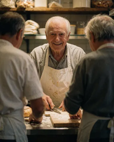A senior baker smiles while cutting bread on a work table in a bakery.