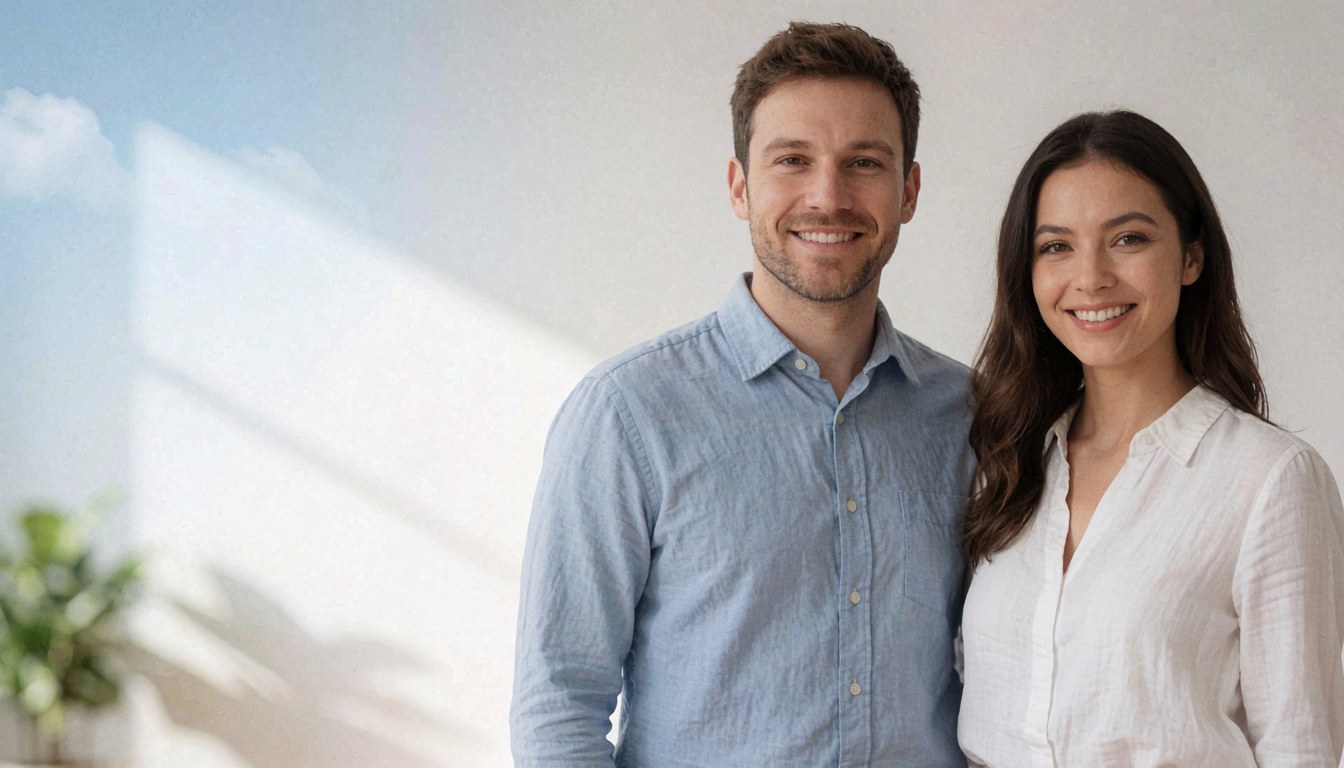 A smiling couple in a bright office with white walls and a plant, ideal for business or team presentations.