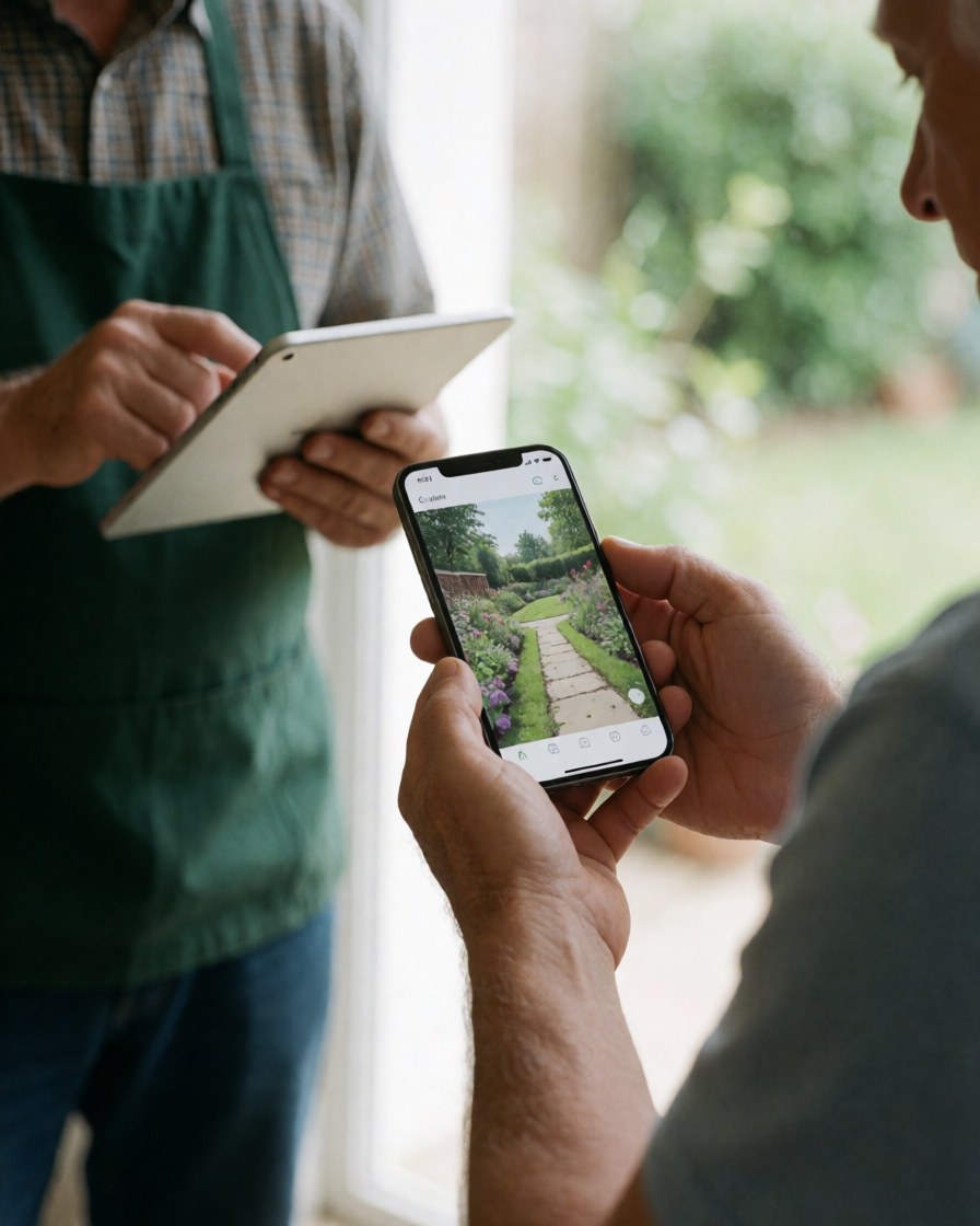 A satisfied client checks a landscape plan on their smartphone while a professional gardener holds a tablet nearby.