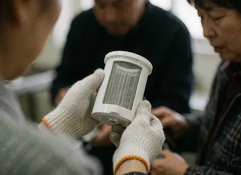 Close-up of gloved hands holding a white mesh drainage filter component during appliance repair work