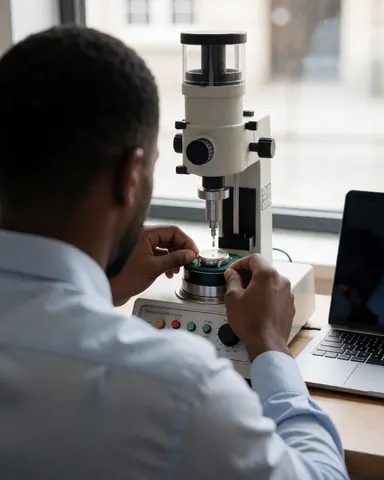 A watch technician uses a pressure testing machine to adjust a watch in a well-lit workshop.