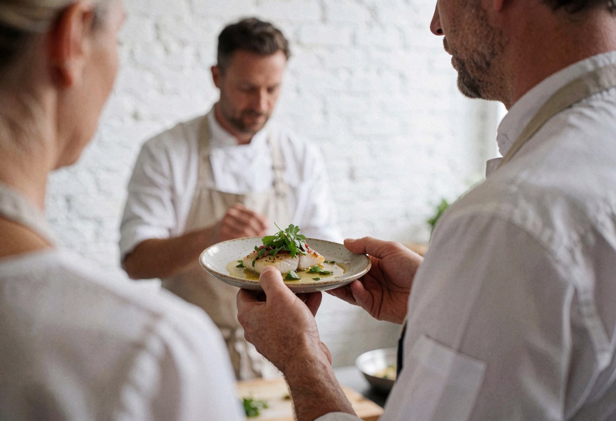 A chef serves a plated fish dish with herbs in a cooking class setting.