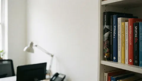 A bookshelf filled with sports science books in an office with white walls and natural light.