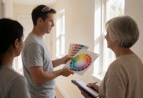 A painter holds a color palette while standing in a hallway with freshly painted walls and natural light from a window.