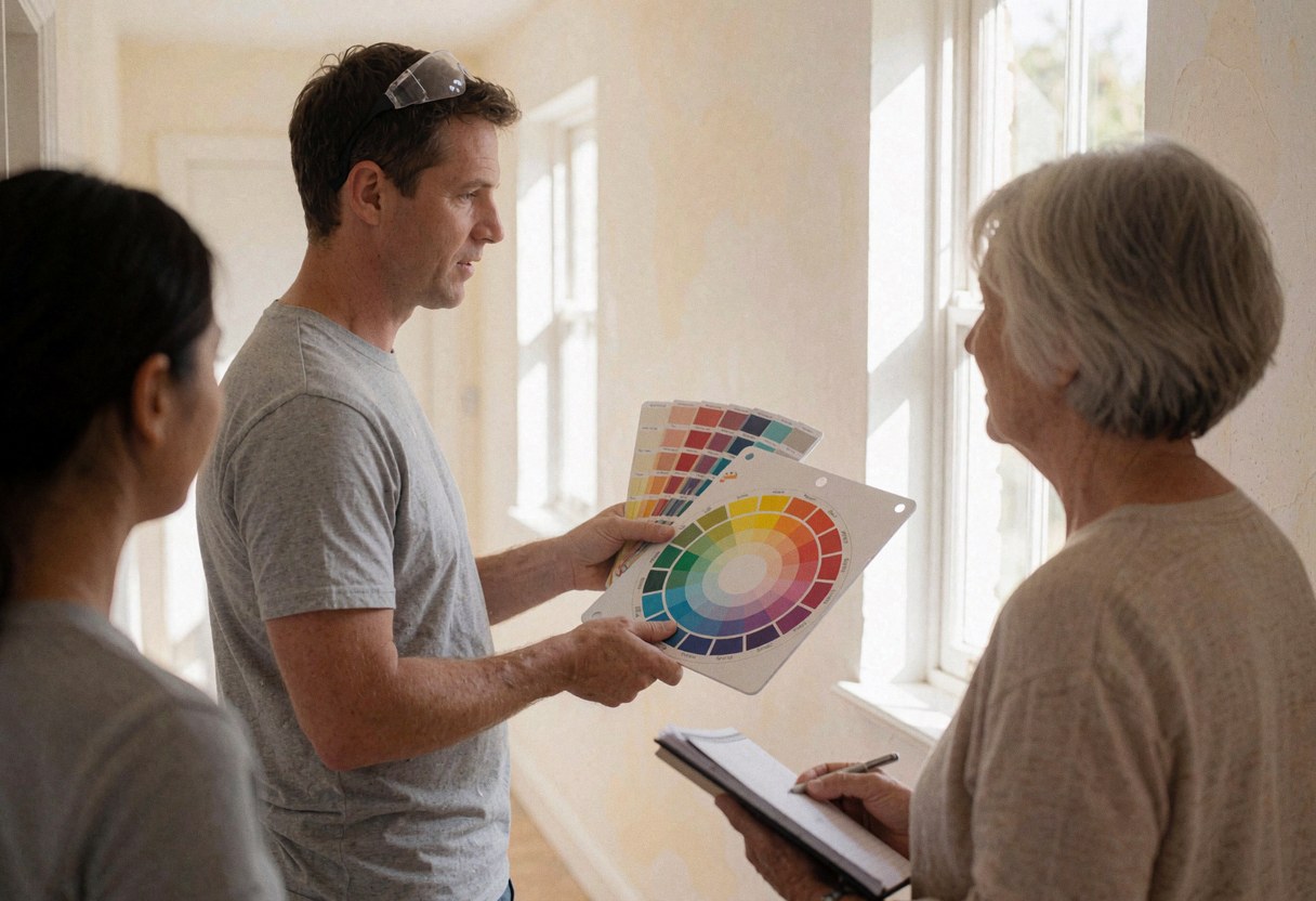 A painter holds a color palette while standing in a hallway with freshly painted walls and natural light from a window.