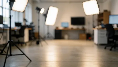 Studio background featuring professional lighting equipment on a polished concrete floor, providing a neutral backdrop for commercial text overlays.
