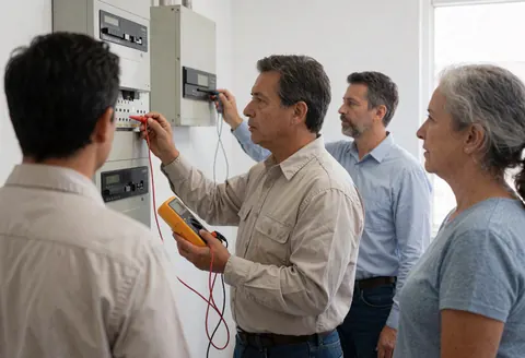 Electrician using a multimeter to measure voltage on an electrical panel while clients observe the service in action.