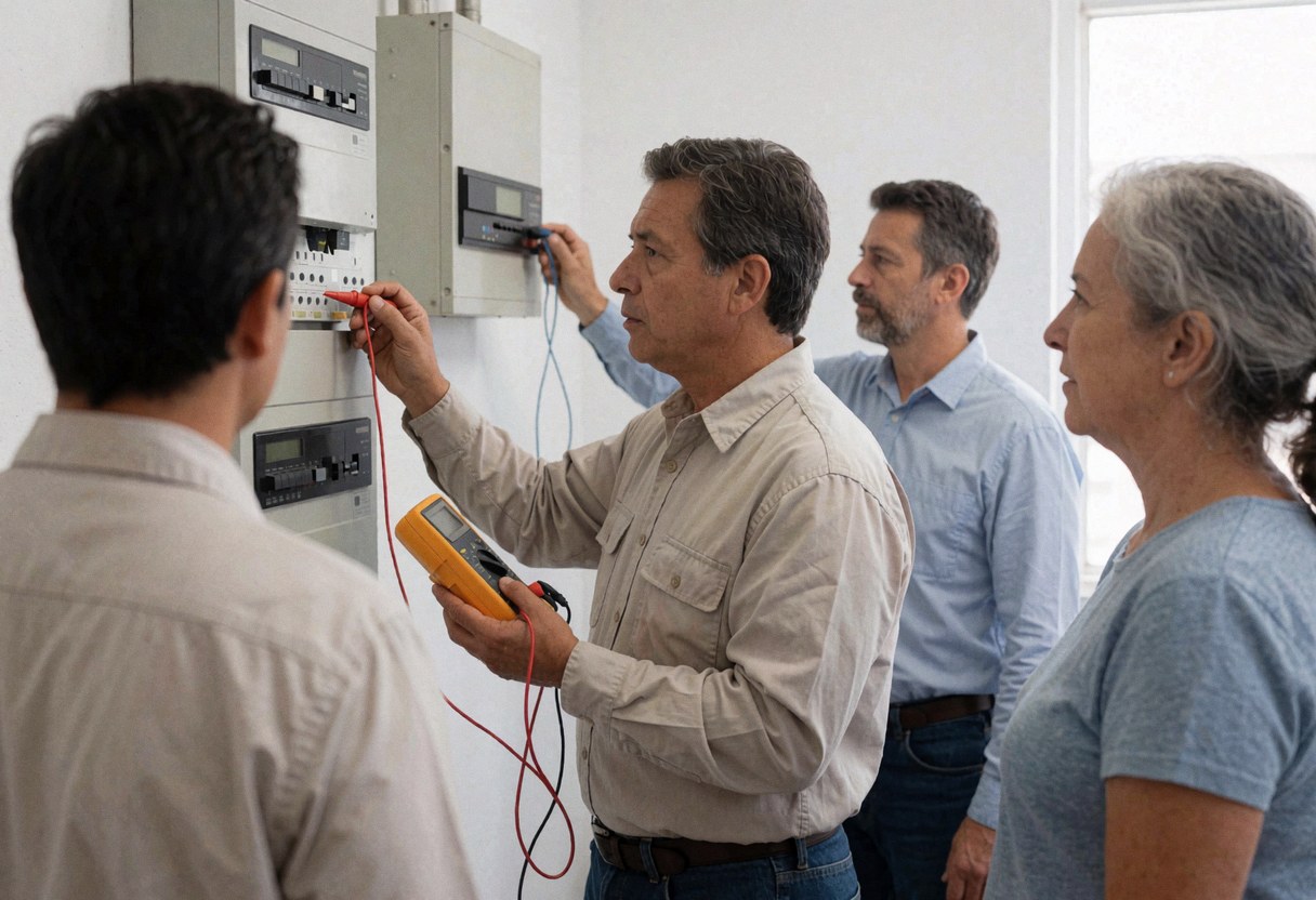 Electrician using a multimeter to measure voltage on an electrical panel while clients observe the service in action.