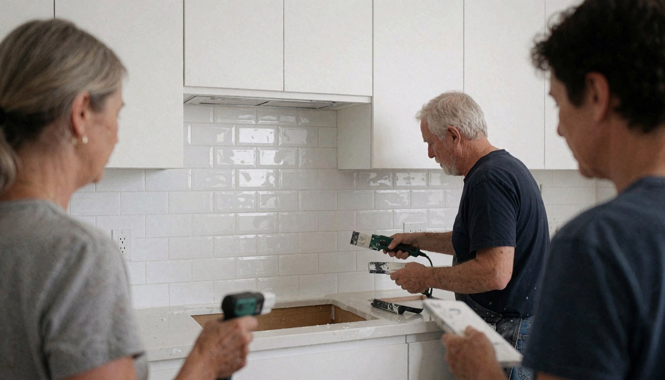 Three individuals observe a painter applying paint to a modern kitchen with white tiles and smooth cabinets.