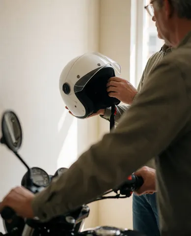 A customer adjusts a white helmet while sitting on a motorbike in a workshop with white walls