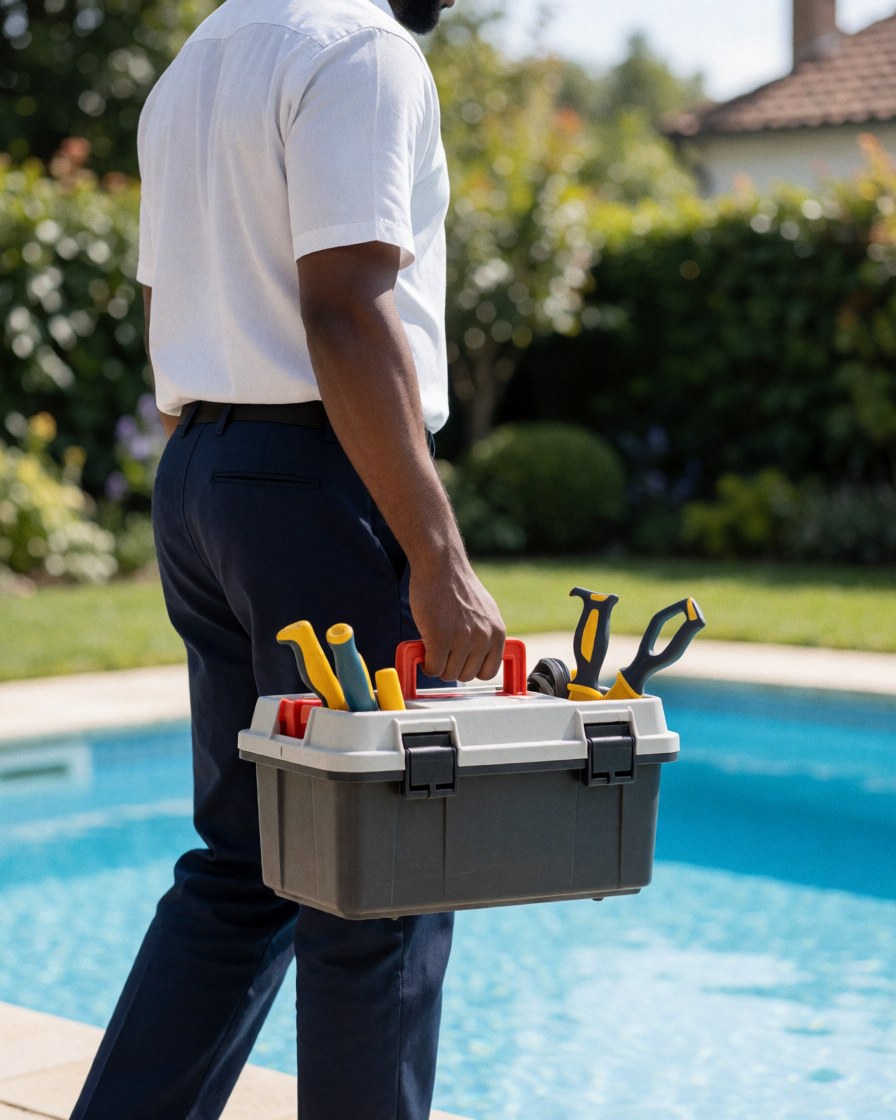 Technician walking beside a well-maintained garden pool under bright natural light, suitable for pool maintenance service imagery.