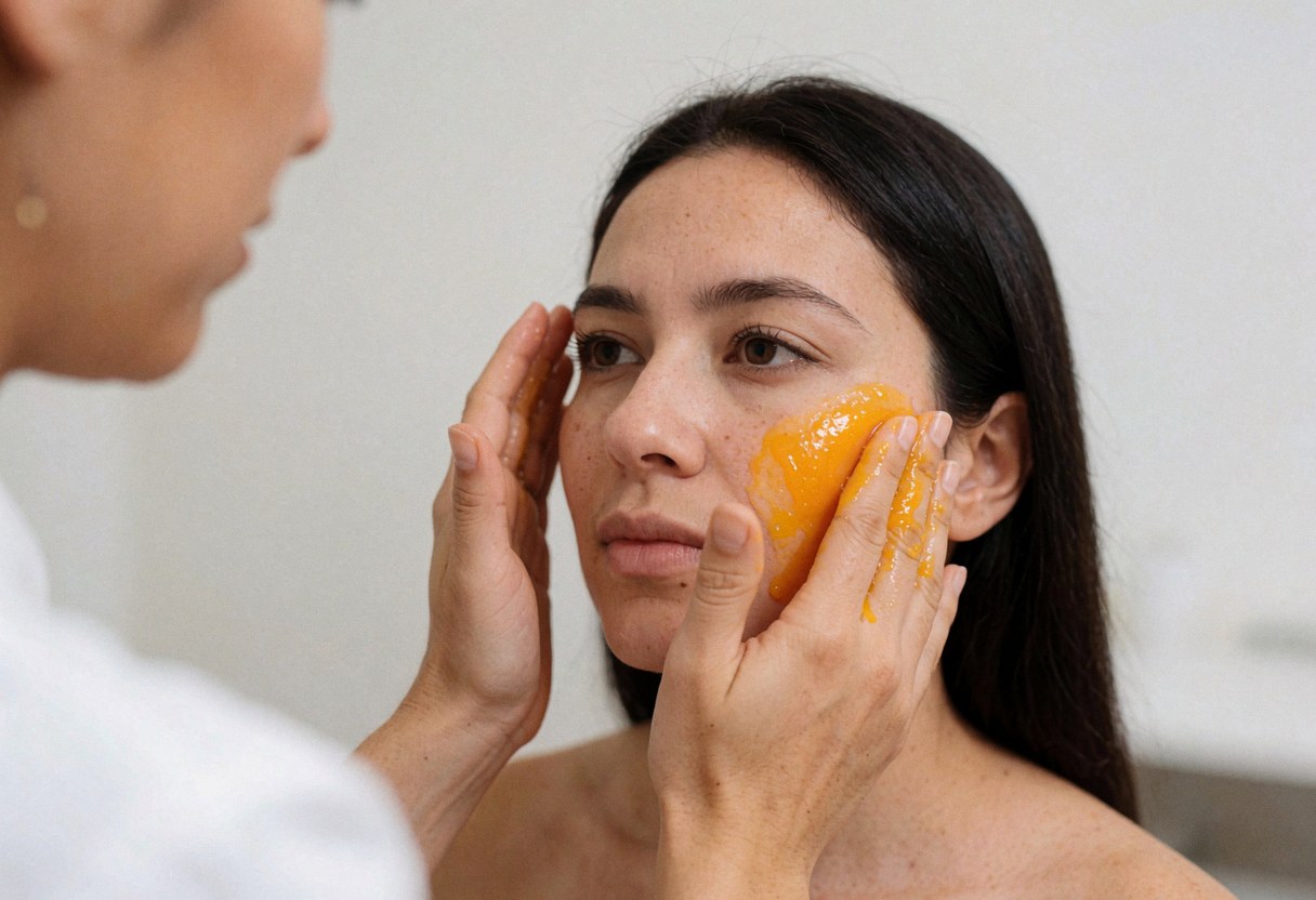 Hands applying an orange facial mask to a client's face during a beauty salon treatment